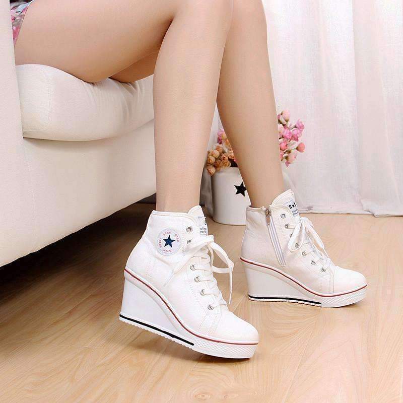 Casual Lace Up Canvas High Heel Women Shoes