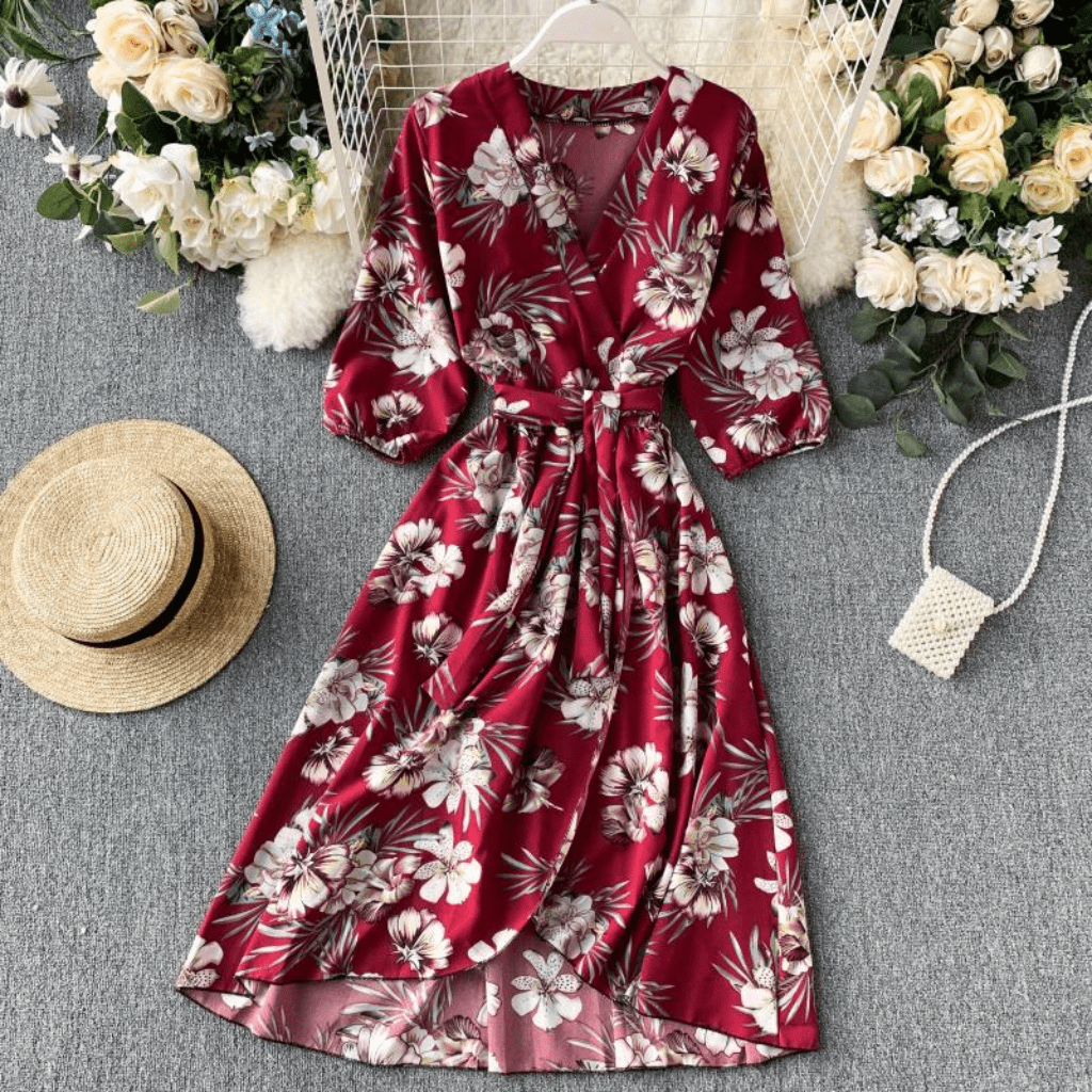 v neck floral midi dress