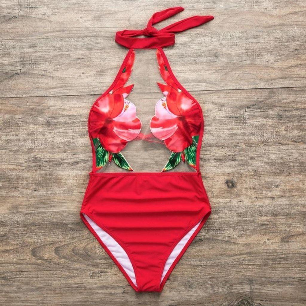 red floral bathing suit