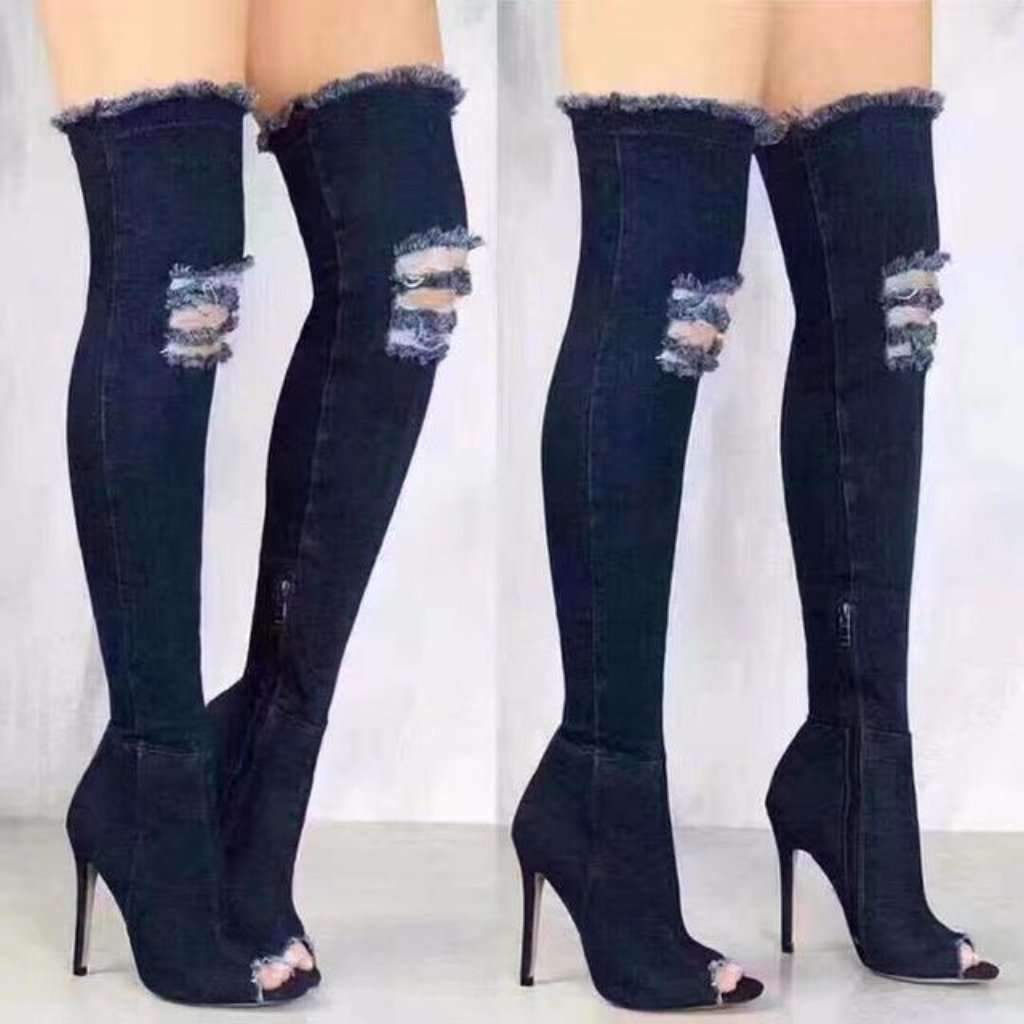 High Heel Womens Knee High Denim Boots