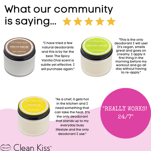 Customer testimonials about clean, vegan, natural deodorant