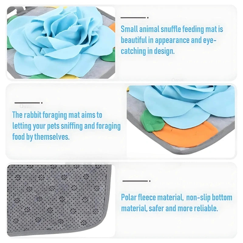 Infographic highlighting features of the blue flower rabbit snuffle mat, including soft fleece and treat pockets.