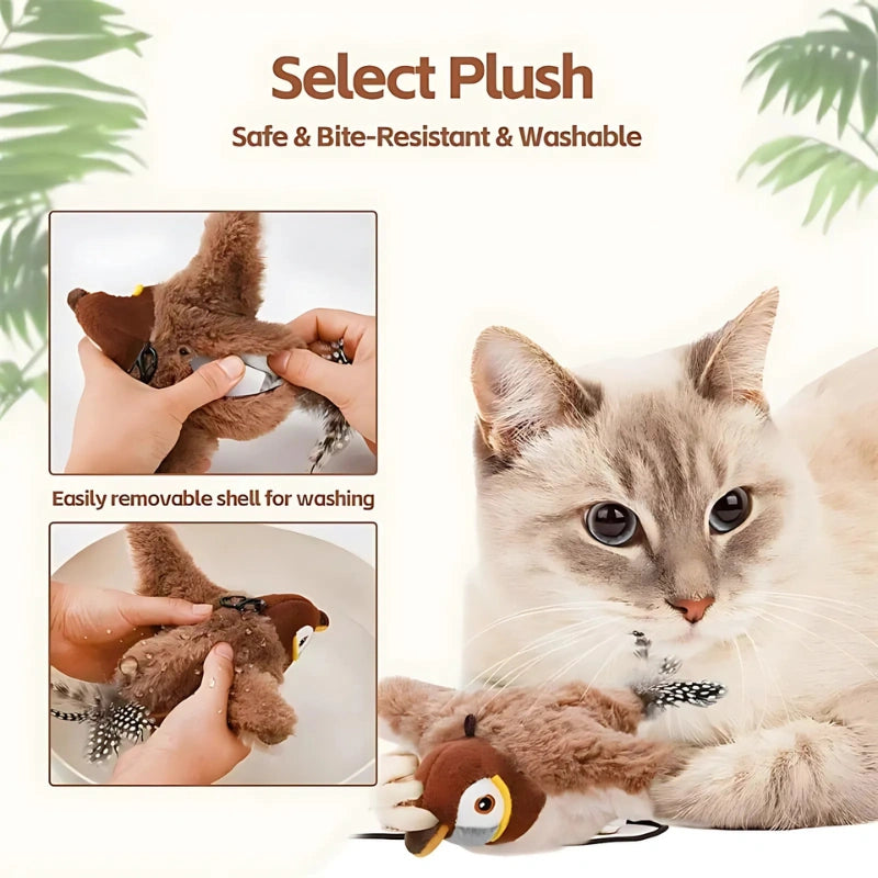 Hands removing washable plush shell of Flappy Bird Cat Toy for easy cleaning and maintenance.