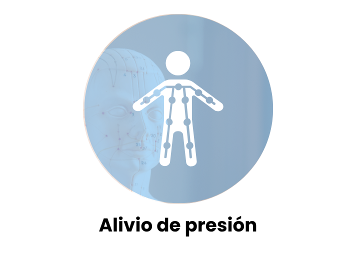 Icono de figura humana con puntos de presión sobre fondo azul, representa alivio de tensiones al dormir