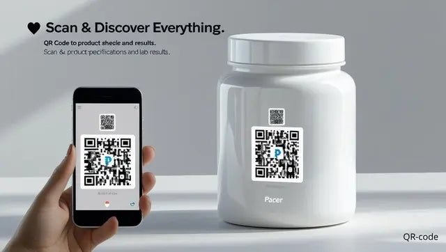 PACER supplement verpakking met QR-code voor volledige transparantie en productspecificaties.