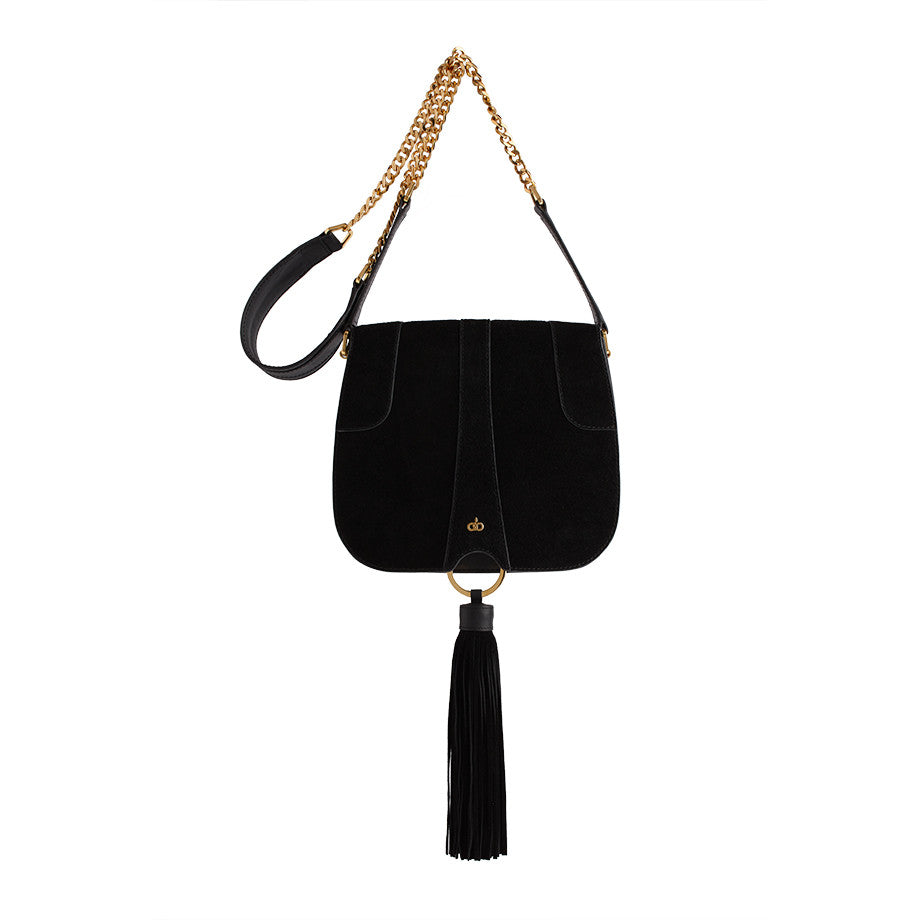 black suede tassel bag