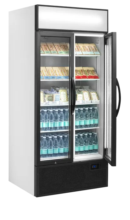 Tefcold FSC891H Displaykyl med öppen dörr och fyllda hyllor