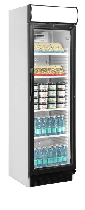 Tefcold CEV425CP Displaykyl med matvaror och flaskor bakom glasdörr.