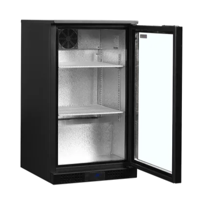 Tefcold DB106H Barkyl med öppen dörr och tomma hyllor.