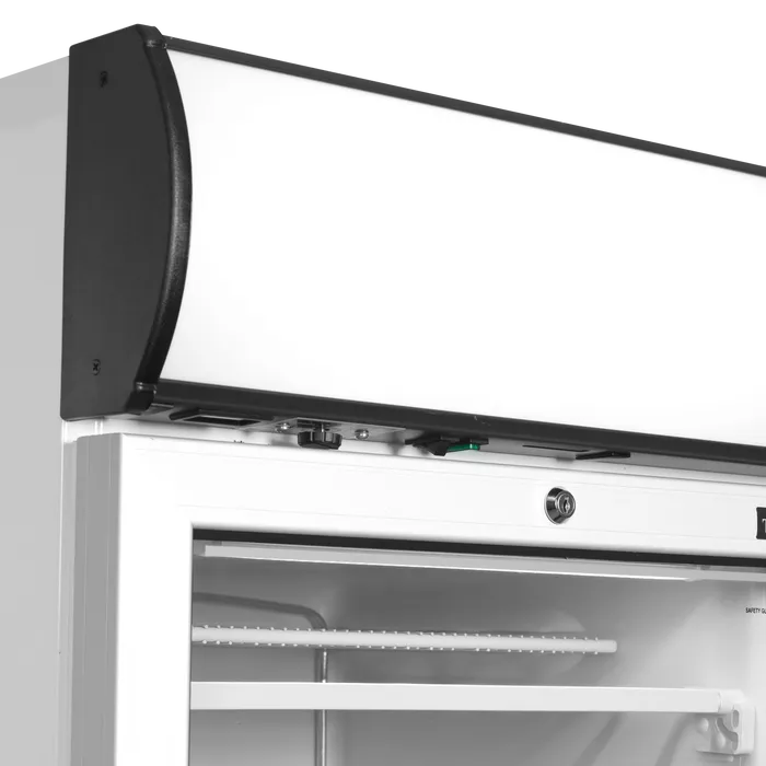 Övre del med kontrollpanel, lås och belysning på Tefcold UFFS371GCP Displayfrys.
