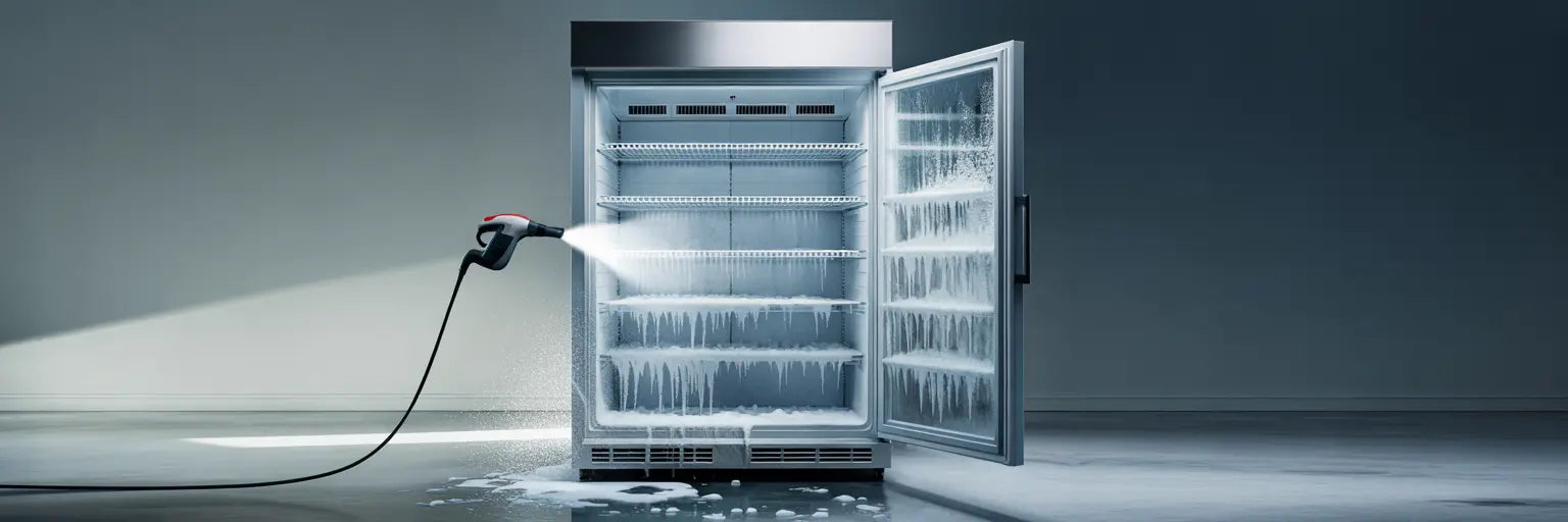 Ångtvätt smälter tjock is i en displaykyl under avfrostning.