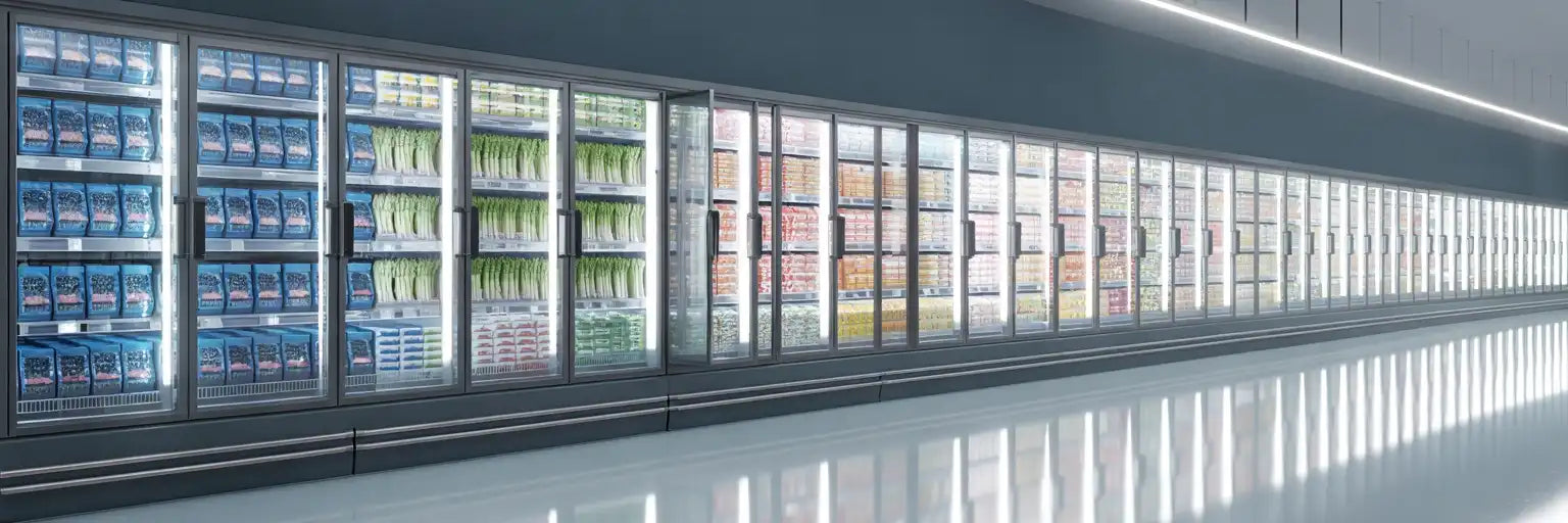 Lång vägg med fyllda displayfrysar i modern butiksmiljö.