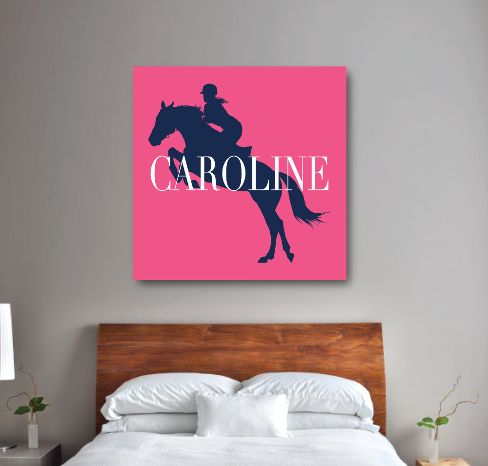 Equestrian Canvas With Silhouette And Name Bubble Gum Pink Navy Blue And White Choose Any Colors