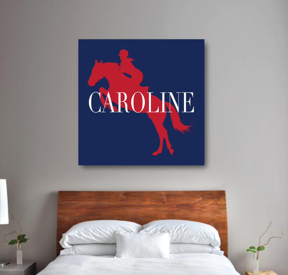 Equestrian Canvas With Silhouette And Name Red Navy Blue And White Choose Any Colors