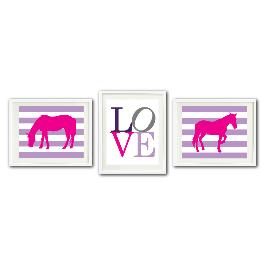 Love Horse Wall Art Print Set Of Three African Violet And Hot Pink Choose Any Colors