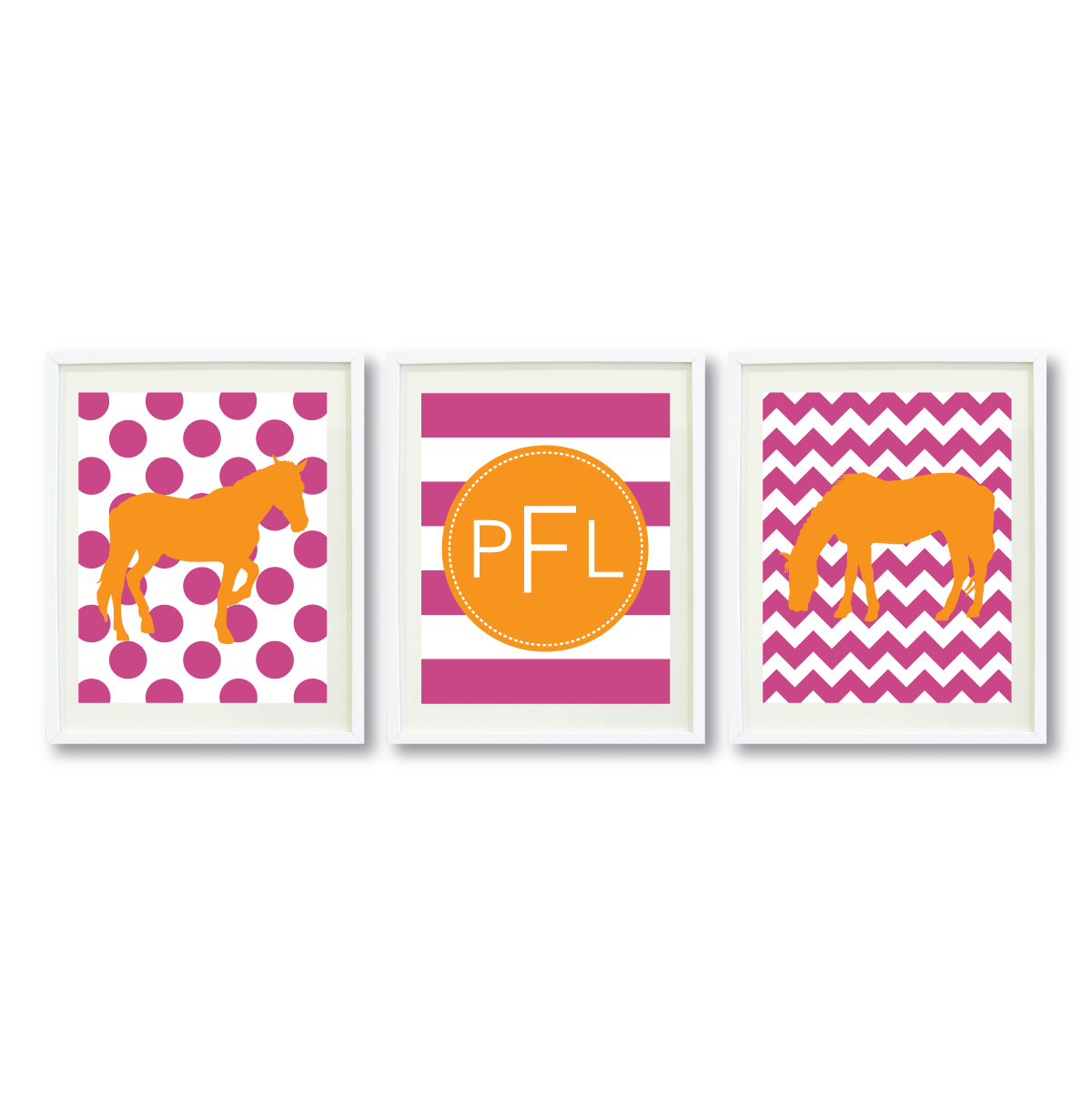 Personalized Horse Wall Art Print Set Of Three Pink And Orange Choose Any Colors
