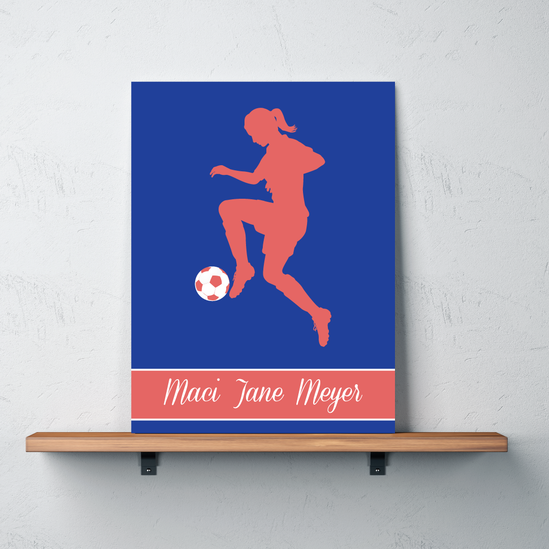 Soccer Girl Canvas Personalized With Name Royal Blue Cayenne White Choose Any Colors Or Background