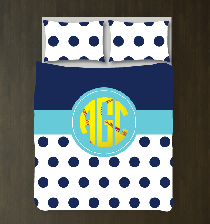 Softball Bedding Set With Circle Monogram Duvet Cover And Shams Navy Blue Aqua Red Yellow And White Choose Any Colors