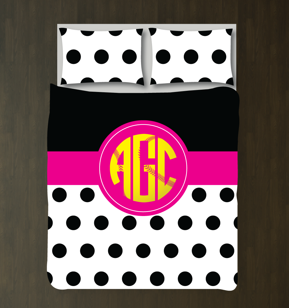 Softball Bedding Set With Circle Monogram Duvet Cover And Shams Black Hot Pink Yellow And White Choose Any Colors