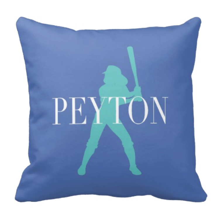 Softball Silhouette Throw Pillow With Monogram Periwinkle Pool And White Choose Any Colors