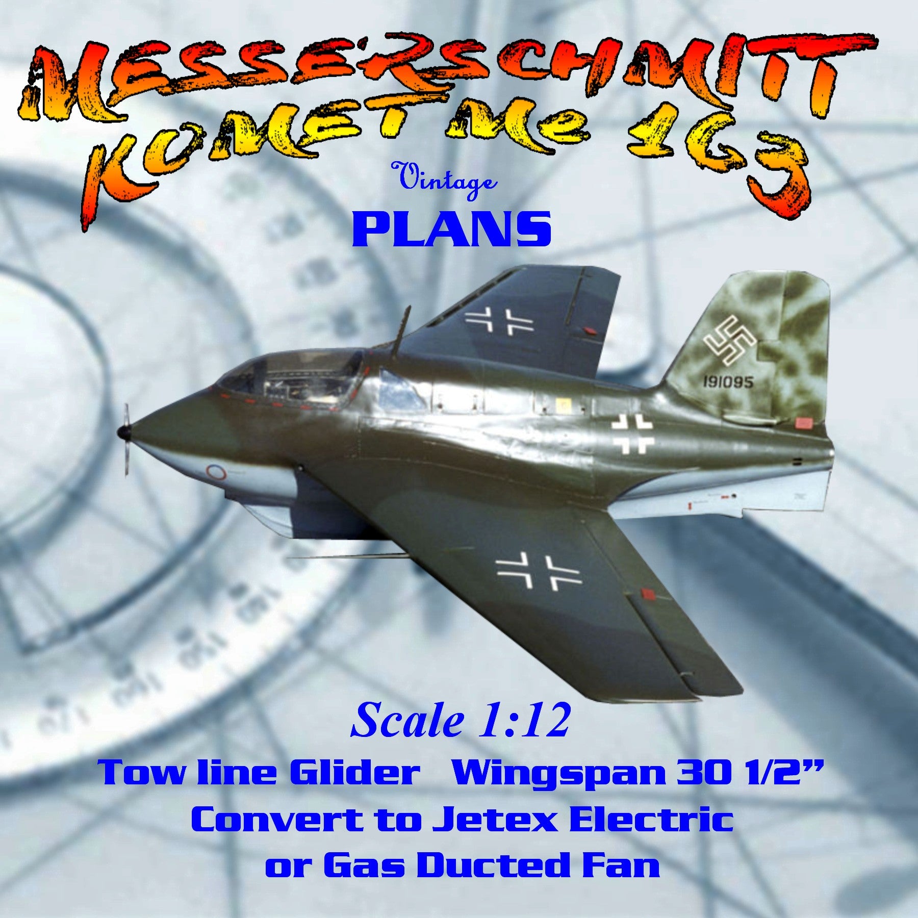 Full Size Printed Scale 1 12 Messerschmitt Komet Me 163 Glider Or Conv Vintage Model Plans