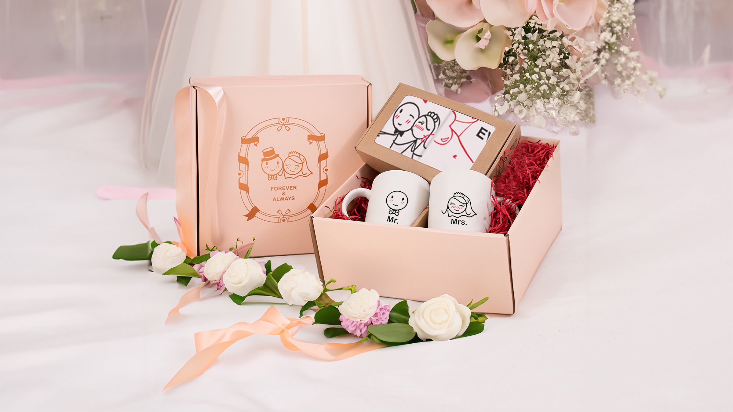BoldLoft Wedding Gift Set for Couples: Bride and Groom Pillowcases and Mugs in Gift-Ready Box