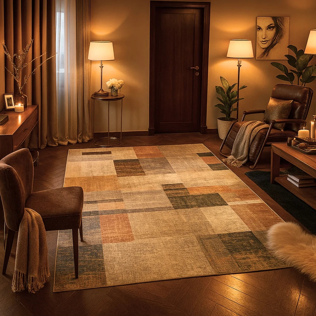 Colorful patchwork rug in a modern UAE living room