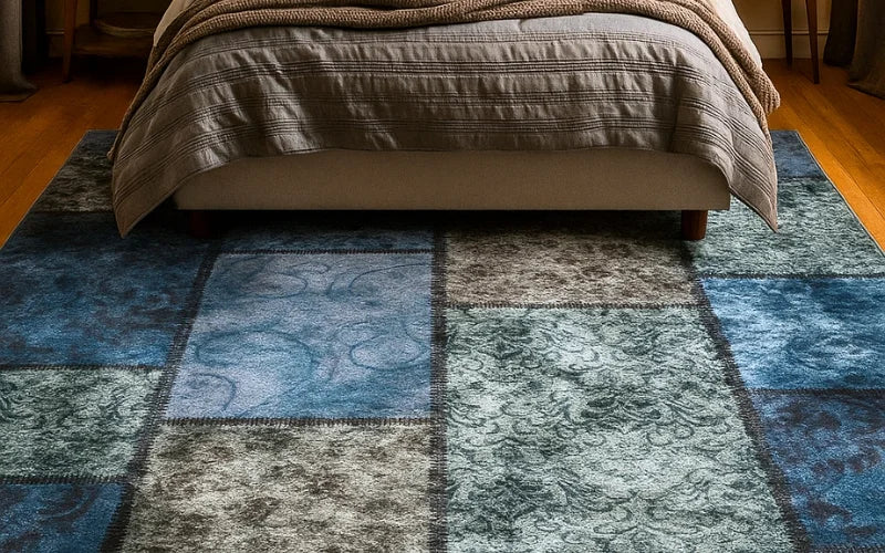 Bedroom styled with cotton patchwork rug