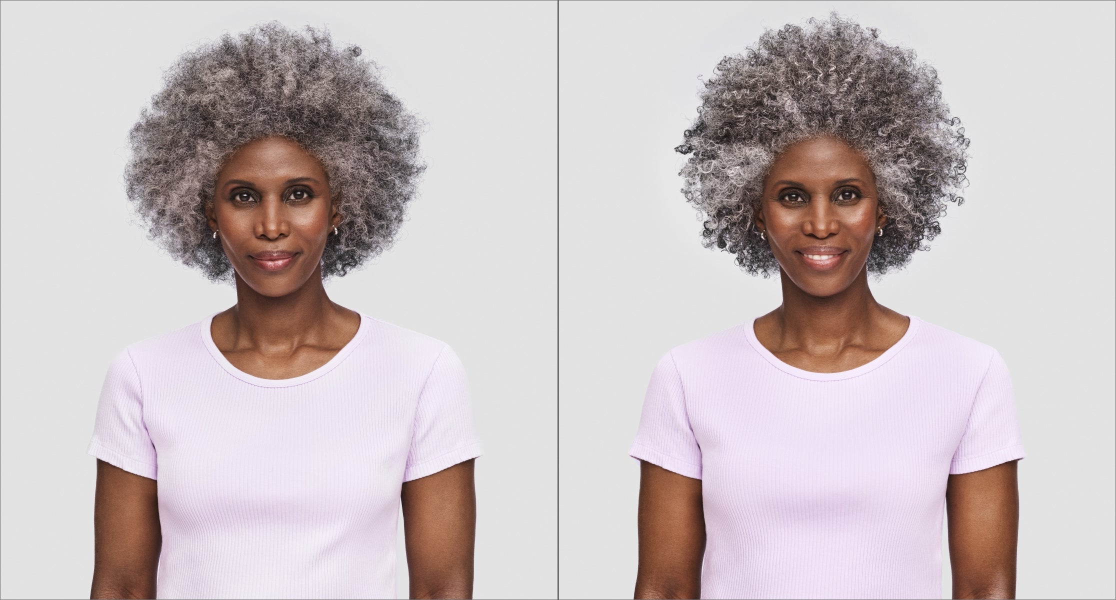 Before and after image of woman with grey very, curly hair wearing purple top with frizzy hair on the left and defined curls on the right. 