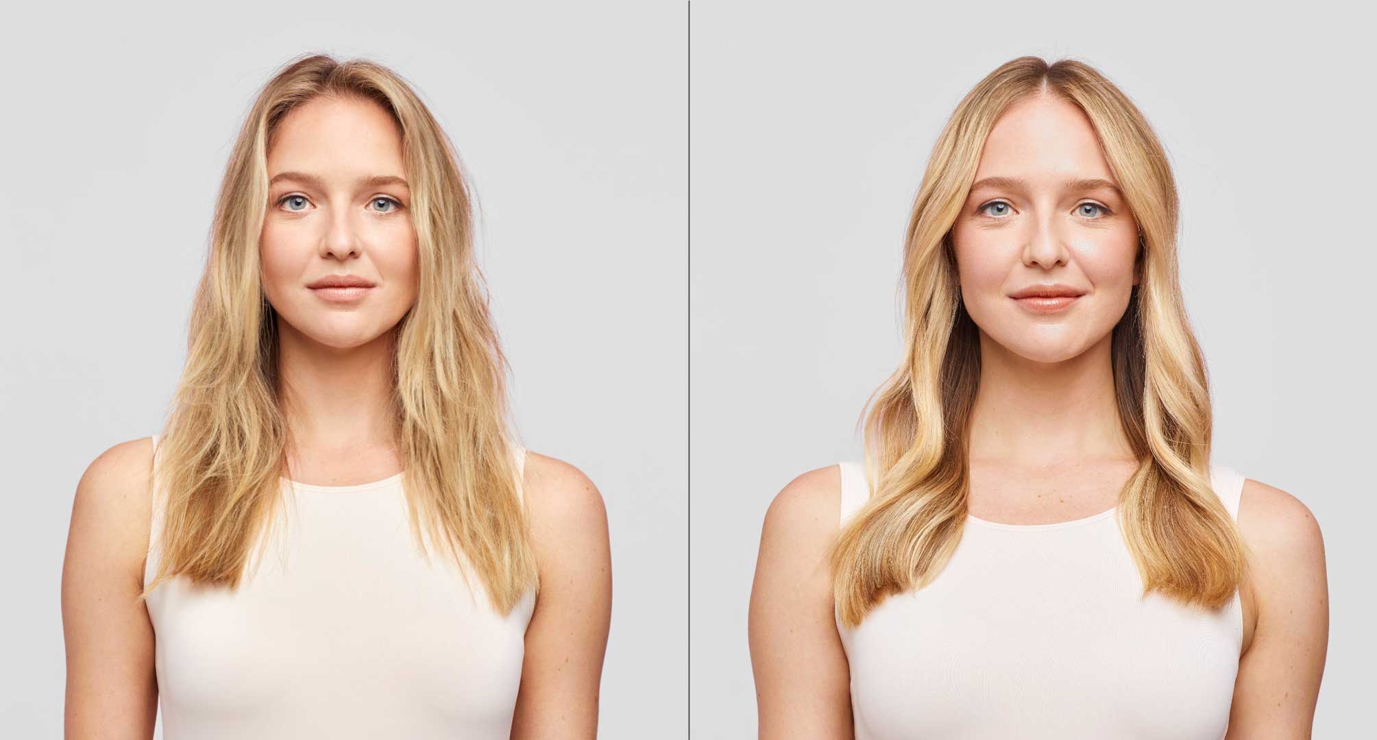 Blonde woman wearing beige tank top in front of grey background with frizzy hair and smooth hair 