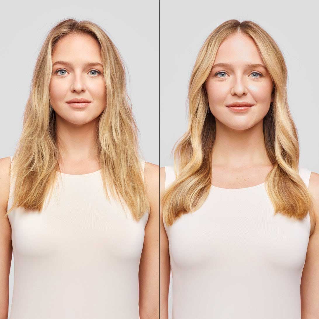 Blonde woman wearing beige tank top in front of grey background with frizzy hair and smooth hair 