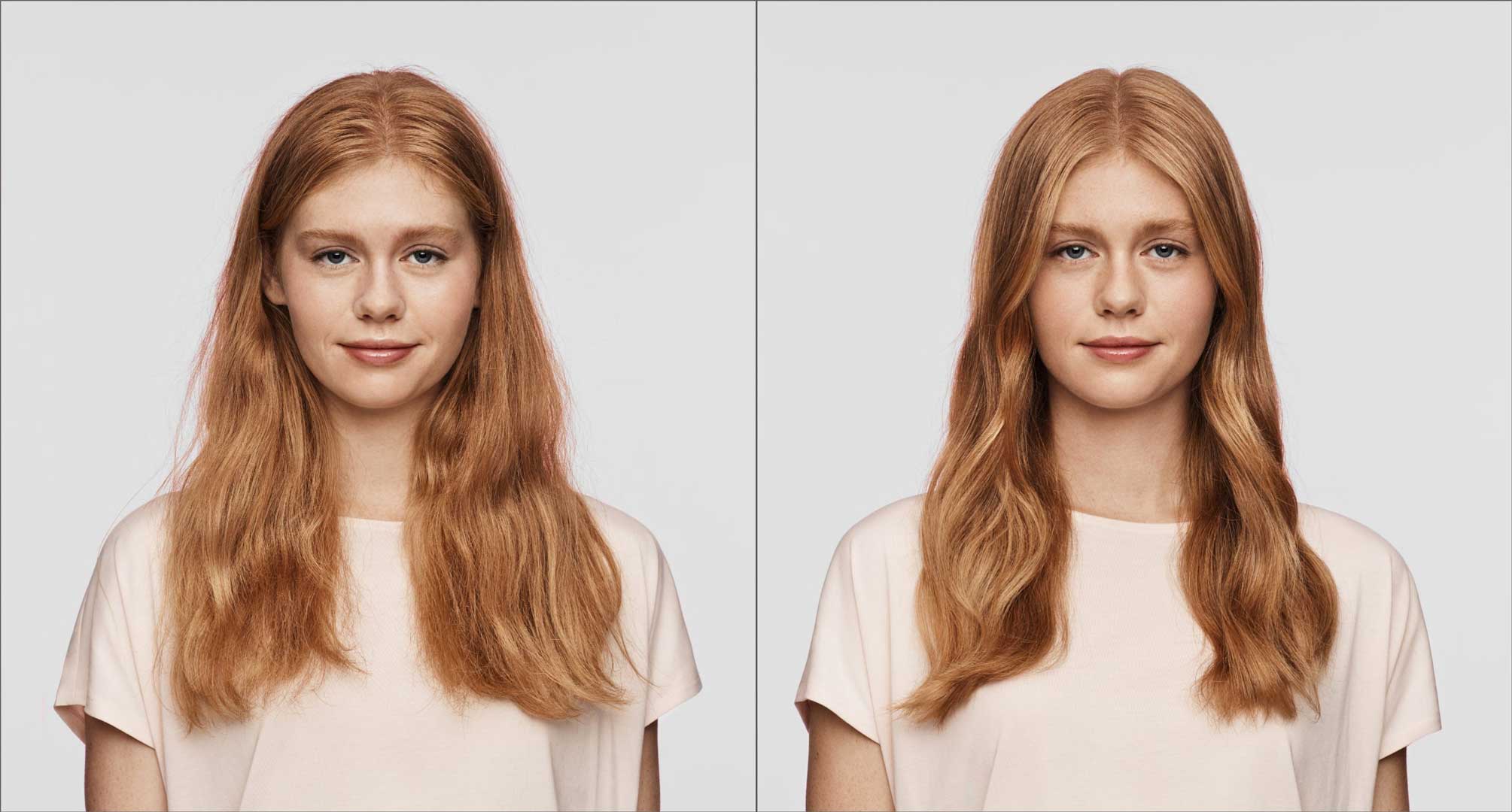 Red-haired woman with pink shirt with frizzy hair and smooth hair in front of grey background. 