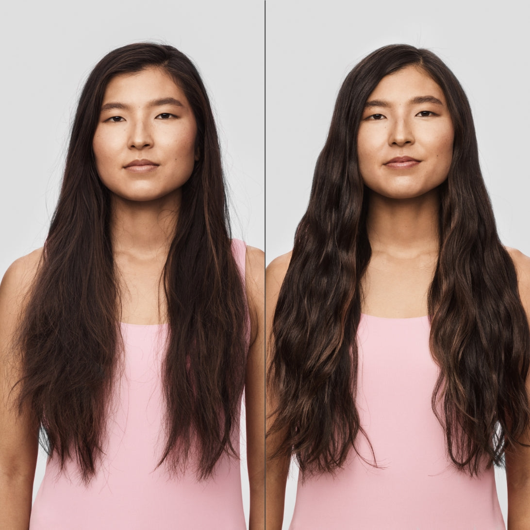 Woman with long dark hair wearing a pink tank top with frizzy hair on left and smooth hair on right. 