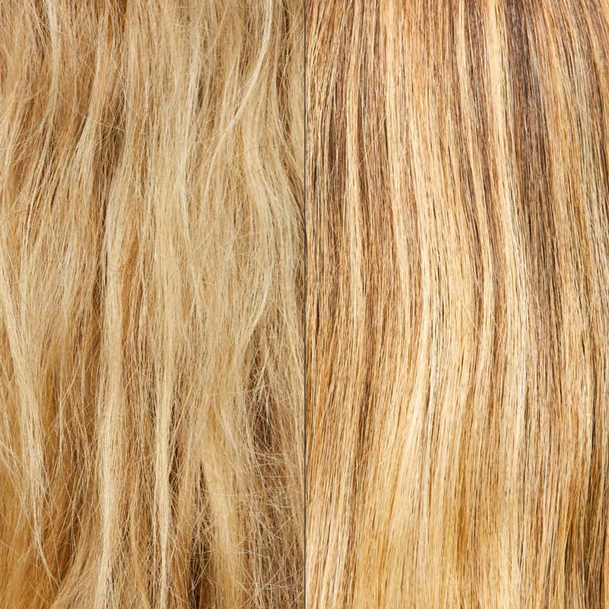 Close-up shot of frizzy blonde hair and smooth blonde hair. 