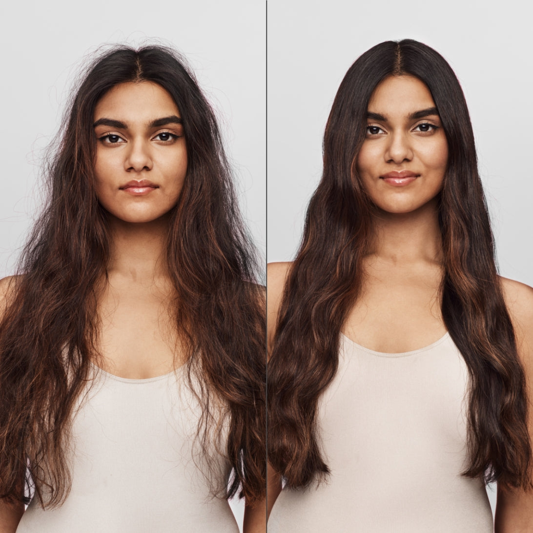 Before and after of a woman with very long brown hair frizzy on the left and smooth on the right. 