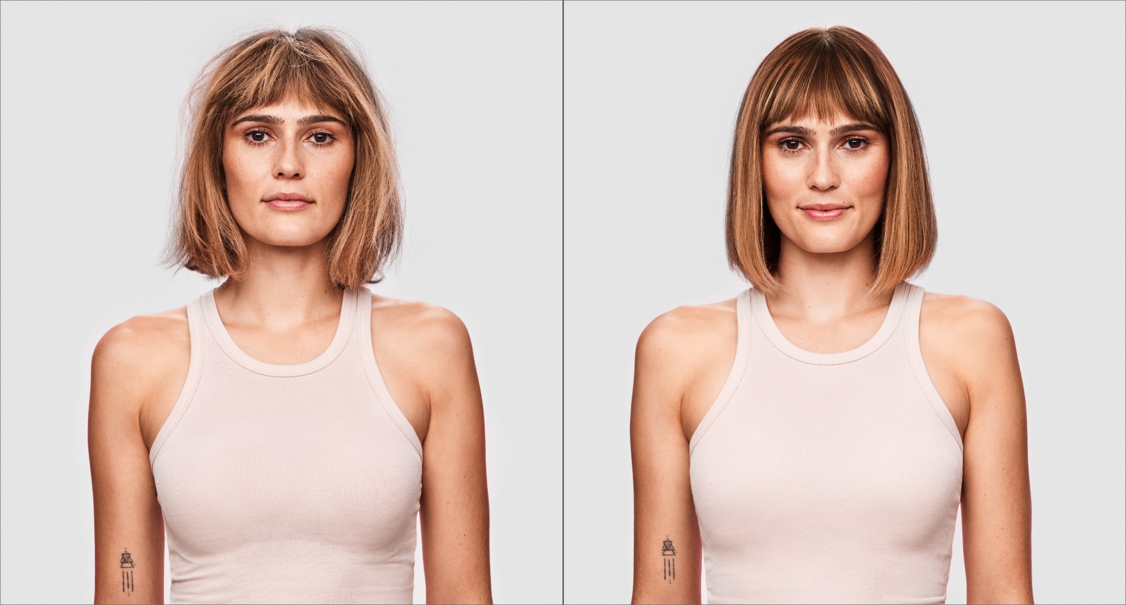 Before and after of a woman with blonde short hair frizzy on the left and smooth on the right. 