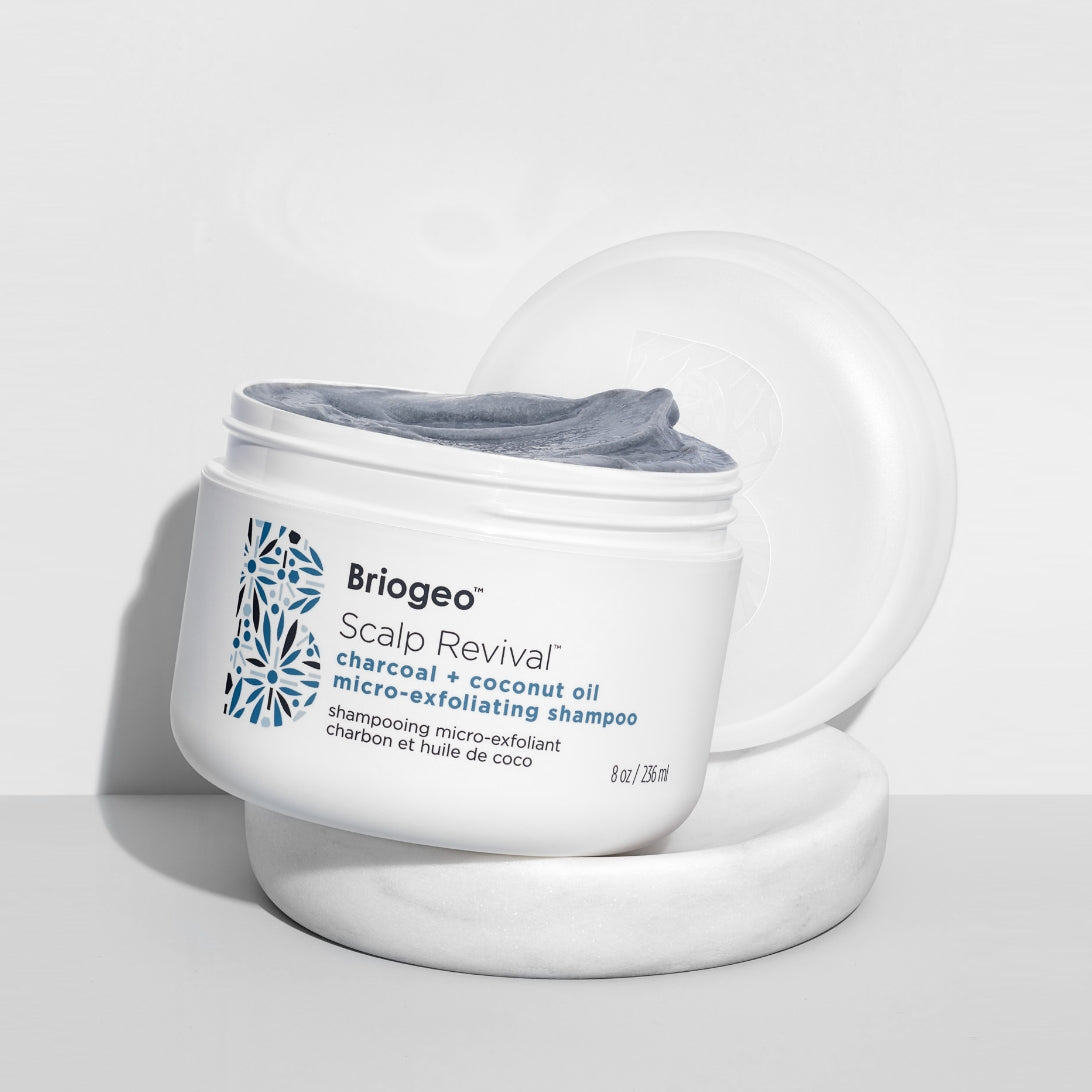 Scalp Revival micro-exfoliating shampoo on white background with instructions to Rinse lid, liner and base and recycle at home. 