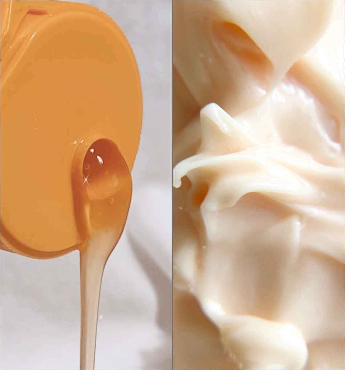 Mango and Cherry shampoo pouring out of bottle on left and close up of conditioner creamy texture on right. 