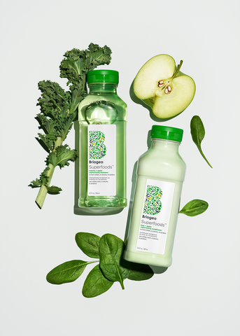 Apple, Matcha + Kale Shampoo + Conditioner near veggies and fruit