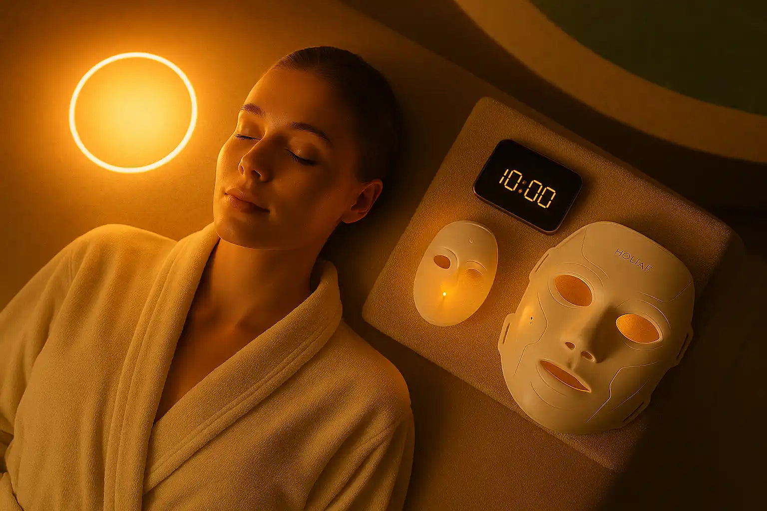 10 minutes chrono : la science derrière les soins courts mais puissants | Holiaē Femme allongée dans un spa luxueux, en peignoir beige, yeux fermés, détendue à côté d'un masque LED Holiaē RE:GEN I et d'un chronomètre affichant 10:00, sous une lumière dorée chaleureuse.