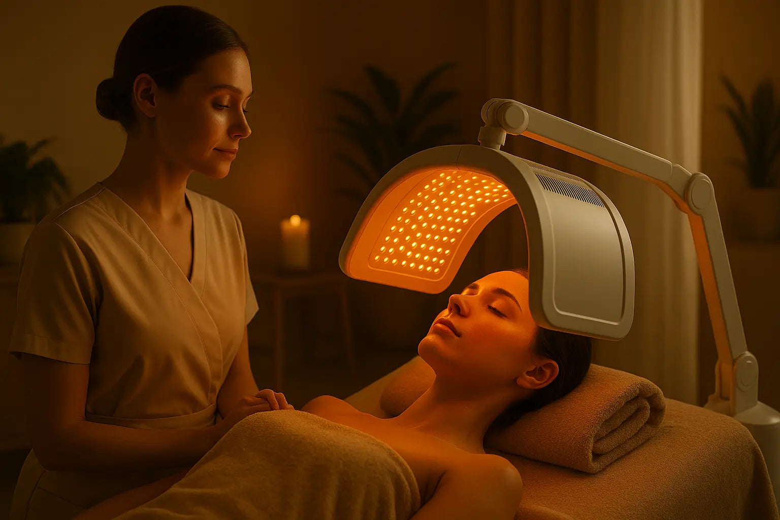 Soin LED visage en institut professionnel – ambiance spa Femme recevant un soin LED en institut accompagnée par une praticienne professionnelle dans un cadre spa haut de gamme