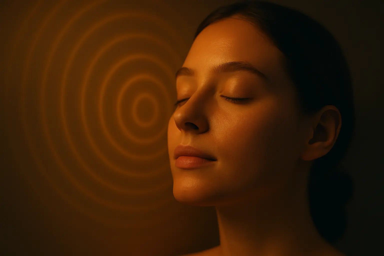 Soin LED visage apaisé lumière dorée concentrique spa Holiaē Gros plan d’un visage féminin apaisé, baigné de lumière tamisée dorée, avec des cercles lumineux diffus en arrière-plan, évoquant un soin LED dans un univers spa-tech.