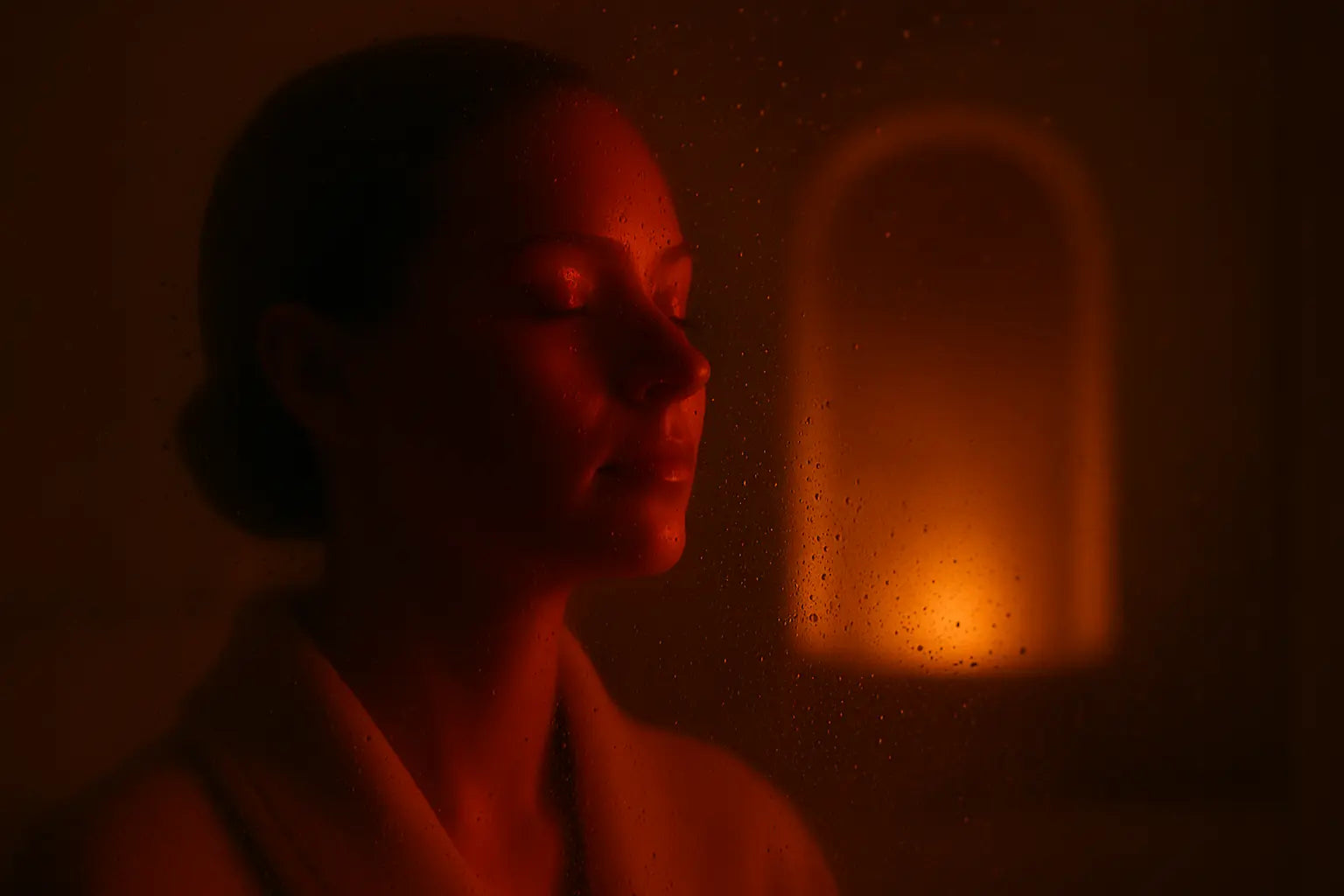 LED visage en silence à travers la condensation – Soin introspectif Holiaē Visage féminin flouté sous lumière LED rouge vu à travers une verrière embuée, ambiance spa introspective et silencieuse.
