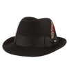 black wool felt fedora hat with ribbon band and side bow. feather accent