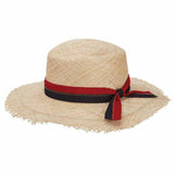 frayed brim straw boater with red and blue band