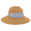 big brim straw hat with striped cotton chin tie