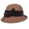 curled brim cloche, pecan color wool felt with black velvet band