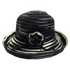 ribbon and straw turned up brim sun hat with black and ivory flower detail