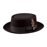 black wool felt porkpie hat with ribbon band side bow and feather