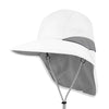 white flap cap with grey mesh ventilation insert. chin strap. soft microfiber